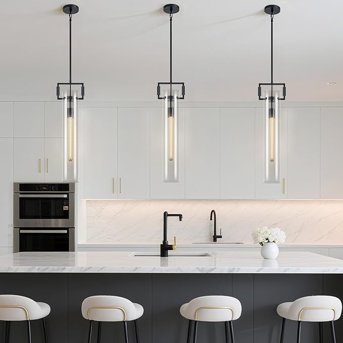 Modern Black Kitchen Island Pendant Light,21.6'' 1-Light Glass and Brass Island Pendant Lights,Farmhouses Pendant Light, for Kitchen,Dining Room,Bathroom