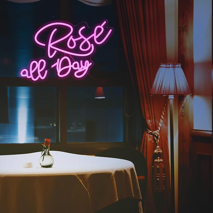 Rose All Day Neon Sign LED Pink Rose Neon Light For Wall Decor Dimmable USB Words Light Up Sign for Bedroom Wedding Party Atmosphere Decor Lovers Gift(12.2 * 16.1 In)