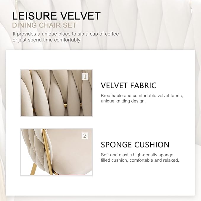 Nrizc Velvet Dining Chairs Set of 2, Woven Upholstered Dining Chairs with Gold Metal Legs, Modern Accent Chairs for Living Room, Dining Room, Kitchen