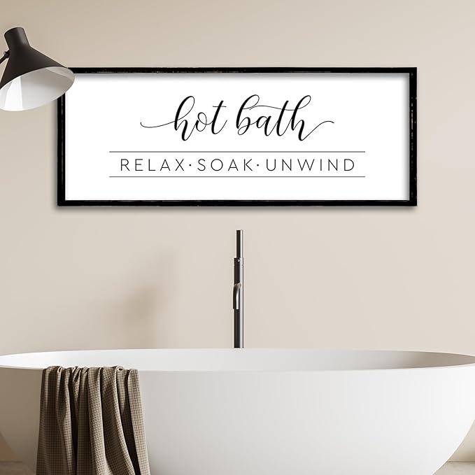 ZZJJHYWGQ Hot Bath Relax Soak Unwind Sign Bathroom Wall Decor 32"×12" Farmhouse Rustic Funny Bathroom Vintage Restroom Guest Large Wooden Framed Washroom Hanging Art (Black)