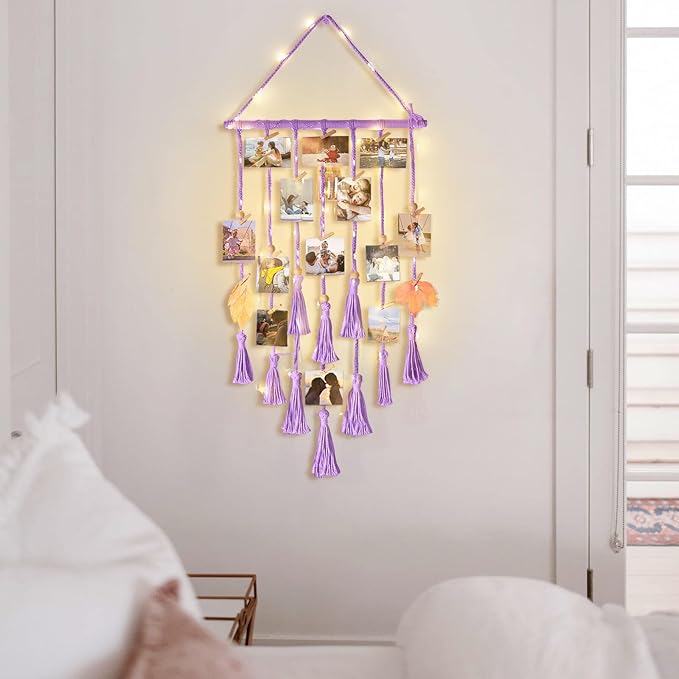 Homecor Hanging Photo Display Wall Decor, Purple Macrame Hanging Boho Room Bedroom Decor, Picture Frame Collage with Light 30 Clips, Christmas Teenage Teen Girl Gifts Ages 10 11 12 13 14 Years Old