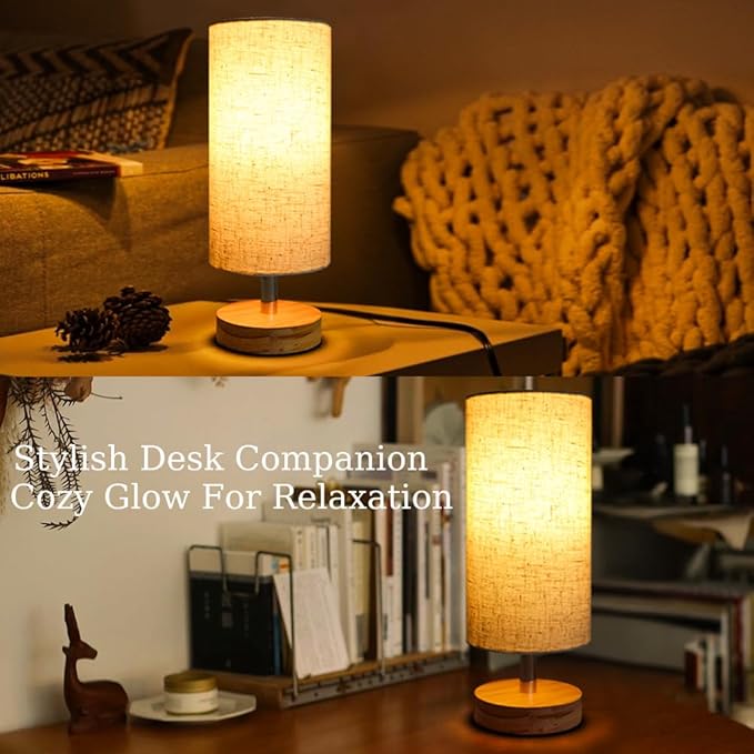 Bedside Table Lamps, Table Lamp for Bedroom, Lamps for Night Stands with Linen Lampshades, Small Table Lamp for Living Room, Office (Bulb Excluded) (Wood)