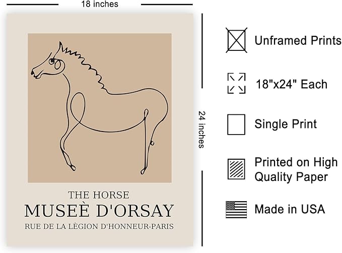 Poster Master Vintage Poster - Retro Minimalist Print - Gift for Artist, Friend - Horse, Line Drawing, Sketch, Abstract - Wall Decor for Living Room, Bedroom, 18x24 Unframed Wall Art