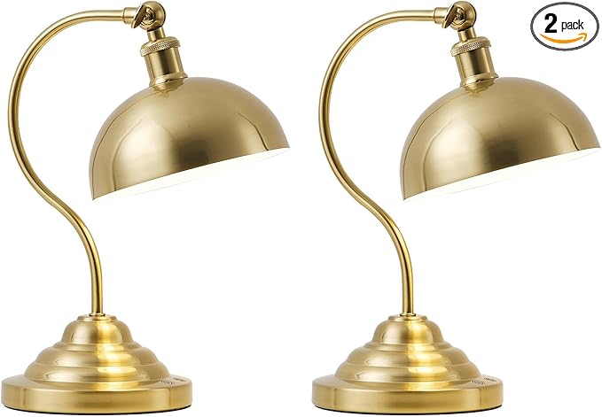 Cordless LED Table Lamp Set of Two, Swing Arm Desk Lamp, Rechargeable, Dimmable/3 Color/Memory Function, Modern Rechargeable Table Light for Living Room,Bedroom,Bedside, Brass