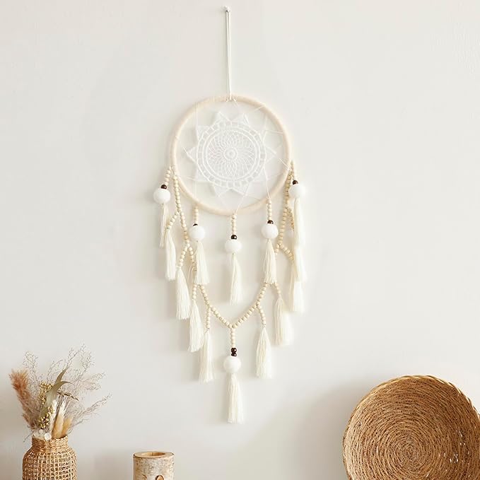Macrame Dream Catcher Wall Decor with Pom Poms Large White Dreamcatcher Wood Beads Boho Wall Hanging, Handmade Tassels Ornament Room Decor for Girls Bedroom Living Room Weddings
