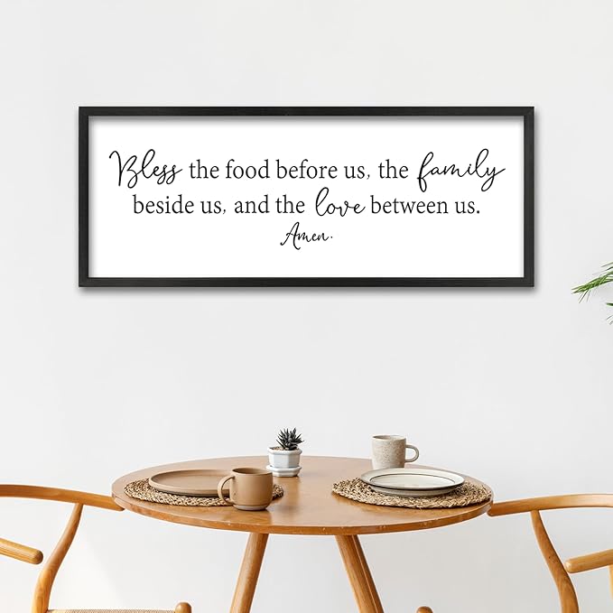 ZZJJHYWGQ Dining Room Bless The Food Before Us Wall Decor Kitchen Christian Sign 40"X15" Christian Grateful Farmhouse Large Catholic Wooden Frame Wall Hanging Art (Black)