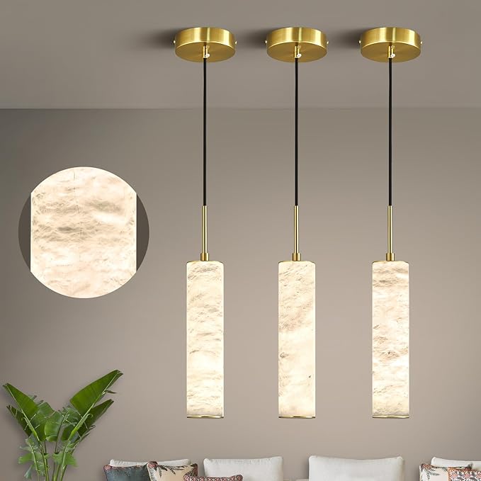 LMQNINE Natural Alabaster Pendant Lights for Kitchen Island White Marble Long Tube Chandelier Modern Gold Ceiling Light Fixtures for Bedroom Dining Room Table Living Room Hallway(S-3Pack)