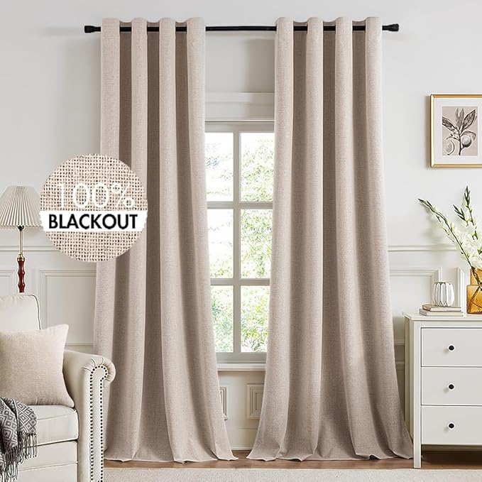 MIULEE 100% Blackout Linen Textured Curtains for Bedroom 102 Inches Extra Long Thermal Insulated Natural Beige Grommet Room Darkening Curtains & Drapes Luxury for Living Room Nursery (2 Panels)