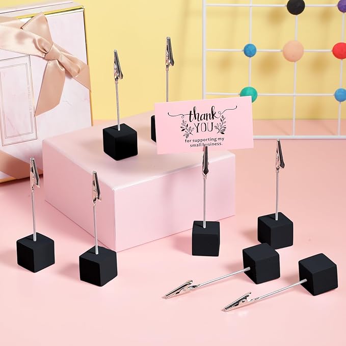 20 Pcs Cube Base Memo Clip Holder with Alligator Clip Wood Table Number Holder Cube Base Place Card Stand Mini Photo Menu Stand for Displaying Number Card(Black)