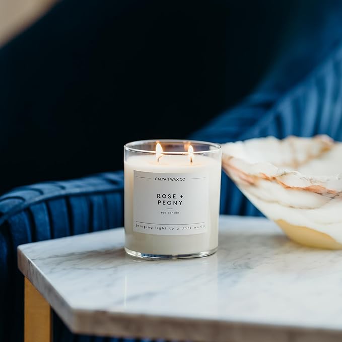 Calyan Wax Co. 2 Wick Candle, Rose + Peony Scented Candle, 37 Hour Burn Time, Aromatherapy Soy Candles, Non Toxic & Vegan Soy Wax, Glass Tumbler Scented Candles, 12.5oz