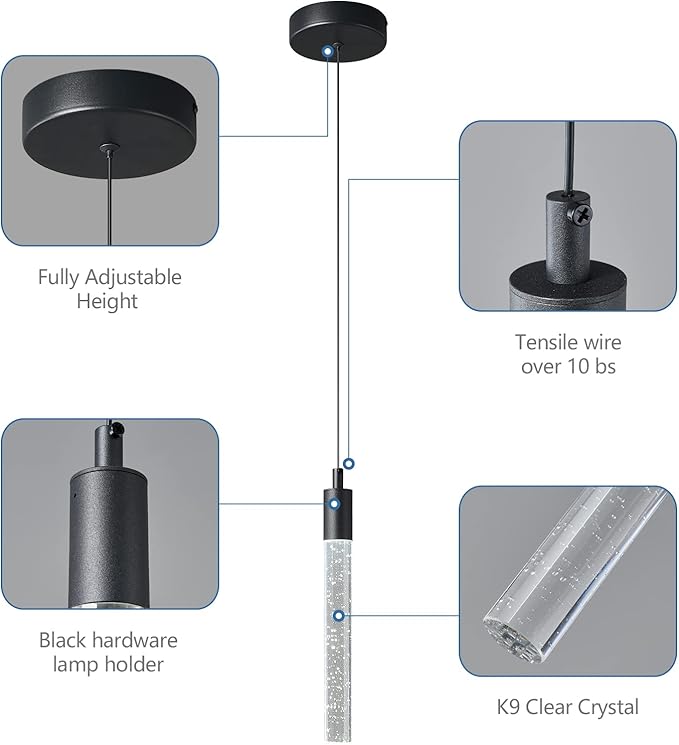 Modern Kitchen Island Pendant Light Dimmable LED Black Finish Mini Crystal Pendant Lighting Bedroom Bedside Table Small Pendant Lights（2-Pack）