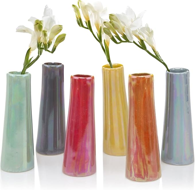 Chive - Set of 6 Galaxy, 1.5" in Wide 5.5" Tall Small Cylinder Ceramic Bud Flower Vase, Unique Single Flower Decorative Floral Vase for Home Decor, Bulk (Yellow, Green, Red, Blue, Orange)