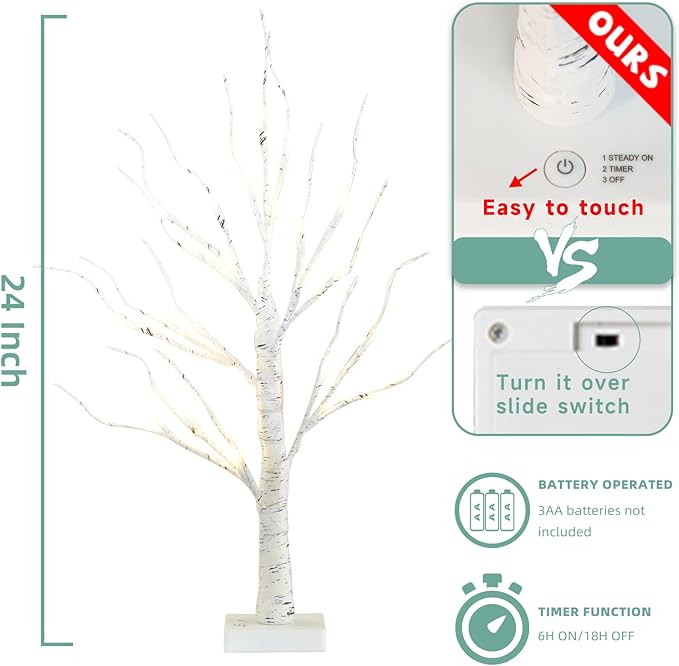 EAMBRITE Home Decorations Light Up White Birch Tree Indoor Christmas Decor, 4 Pack Battery Operated/USB Lighted Tabletop Money Tree Lamp Led Lights Easter Wedding Centerpiece Table Room (2 Ft)