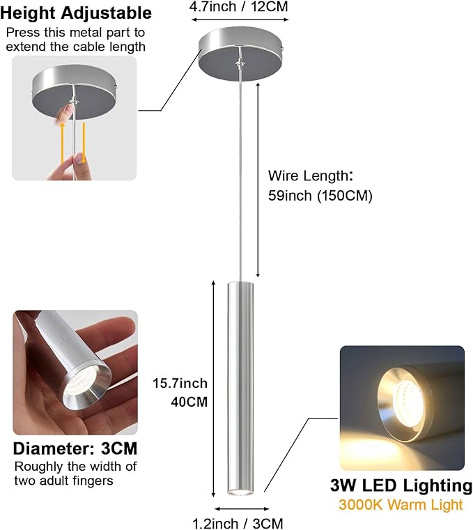 Modern LED Pendant Light Fixtures Chrome Long Tube Pendant Lights 2 Pack Pendant Lighting for Bedroom Dining Room Bar Kitchen Island Hanging Light Height Adjustable, 3000K