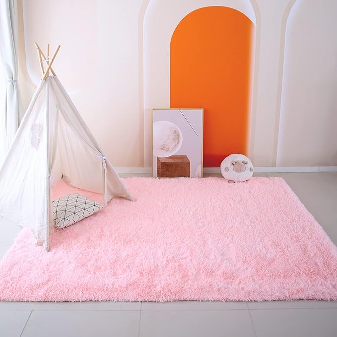 Pink Area Rug for Bedroom 6x9: Pink Rugs for Girls Room - Soft Fuzzy Plush Rugs for Living Room, Non-Slip Modern Nursery Faux Fur Carpet for Kids Room Dorm Decor