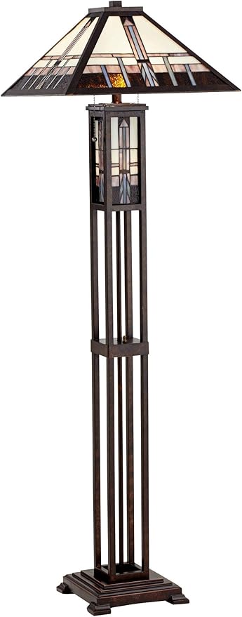 Robert Louis Tiffany Mission Southwest Tiffany Style Standing Floor Lamp with Night Light Art Deco 60.5" Tall Oiled Bronze Copper Stained Glass Shade Decor for Living Room Reading House Bedroom