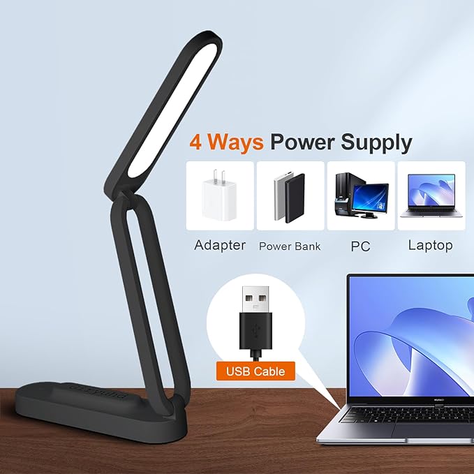 LED Desk Lamp for Office Home & Battery Operated Lamp Rechargeable Lamp Foldable & Portable Light, LED Desk Light Strip, 3 Brightness Dimmable Small Desk Lamp Wireless Reading Lamp(2-Black)