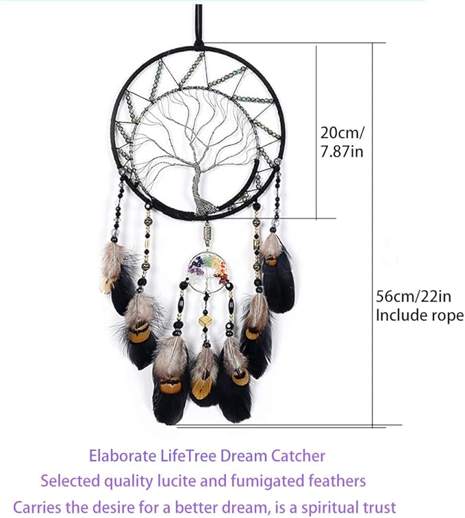 Pretty Jolly 7 Chakras Tree of Life Dream Catcher Wall Decor with Rainbow Healing Crystal Stone Handmade Black Feather DreamCatchers Wall Hanging Ornaments for Bedroom Home Decor Bless Gift Wedding