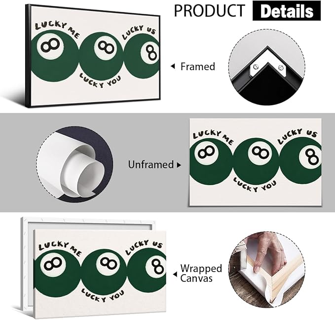 Green 8 Ball Poster, Lucky Me Lucky You Lucky Us Quote Canvas Wall Art, Playful Billiards Balls Picture Print, Retro 8ball Pool Painting for Bar Cart Game Room Man Caves Wall 24x36in Unframed