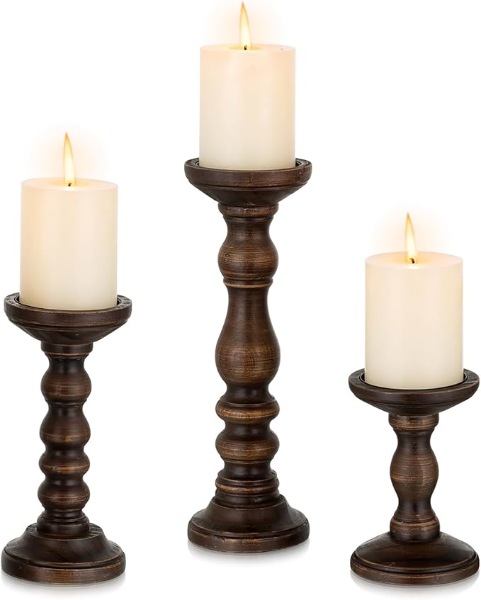 Romadedi Wood Candle Holders for Pillar - Set of 3 Tall Rustic Vintage Wooden Candlestick Holder, Farmhouse Candle Stand for Fireplace Mantle Shelf Table Home Decor, Dark Brown, 6"/ 8.3"/11.8"