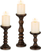 Romadedi Wood Candle Holders for Pillar - Set of 3 Tall Rustic Vintage Wooden Candlestick Holder, Farmhouse Candle Stand for Fireplace Mantle Shelf Table Home Decor, Dark Brown, 6"/ 8.3"/11.8"