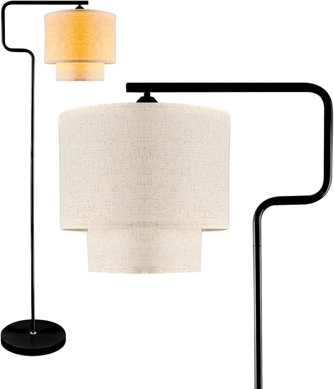 Lightdot 62IN Floor Lamps for Living Room, Modern Standing Tall Lamps with Double Linen Shades, 3000K Arc Bohemian Floor Lamp with Foot Switch for Wedding/Party, Bedroom, Home Office-Black