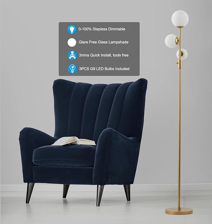 Fiqevs Upgrade Dimmable Floor Lamp, 3 Globe Mid Century Floor Lamps for Living Room with Frosted Glass Shade and 3 LED Bulbs, Vintage Modern Gold Standing Lamp for Bedrooms, Office - Antique Brass