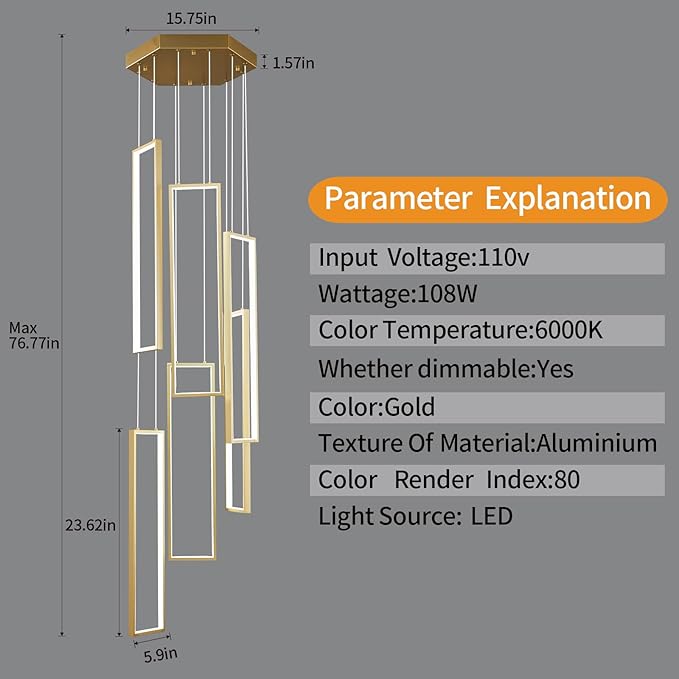 Modern Kitchen Island Dimmable Pendant Light Fixture Gold 108W LED Pendant Lights 6 Rings Rectangular Chandelier Staircase Large Chandelier Lobby Living Room Foyer High Ceiling Chandeliers