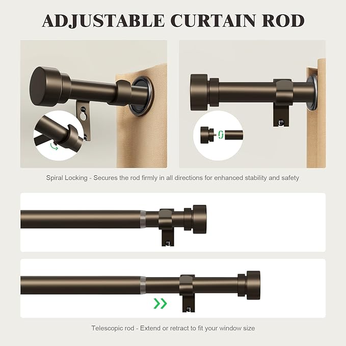 Oneach Brown Curtain Rods for Windows 48 to 84 Inch, 1 Inch Pole Adjustable Length Heavy Duty Metal Curtain Rod Set, for Outdoor Bedroom Kitchen Living Room (16 to 88 Inch)