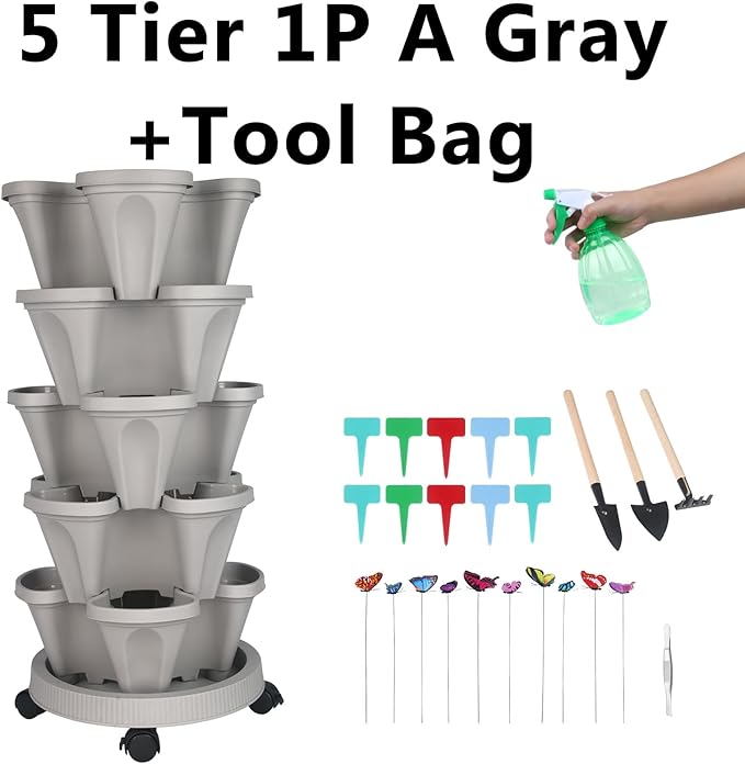 Vertical Planter, 5 Tier Stackable Strawberry Planter with Garden Tool Set, Movable Indoor/Outdoor Garden Herb Pot for Growing Vegetables and Succulents, Gray