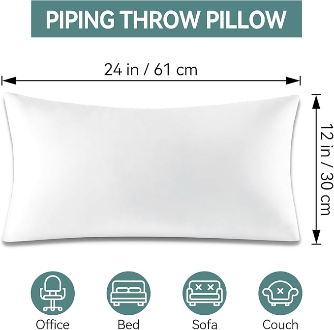 Set of 2 Throw Pillow Inserts, 12x24 Premium Lumbar Pillow Form, Down Alternative Pillow, Hypoallergenic,Virgin Microfiber Stuffer Sham Rectangle Pillow for Sofa Bed Couch