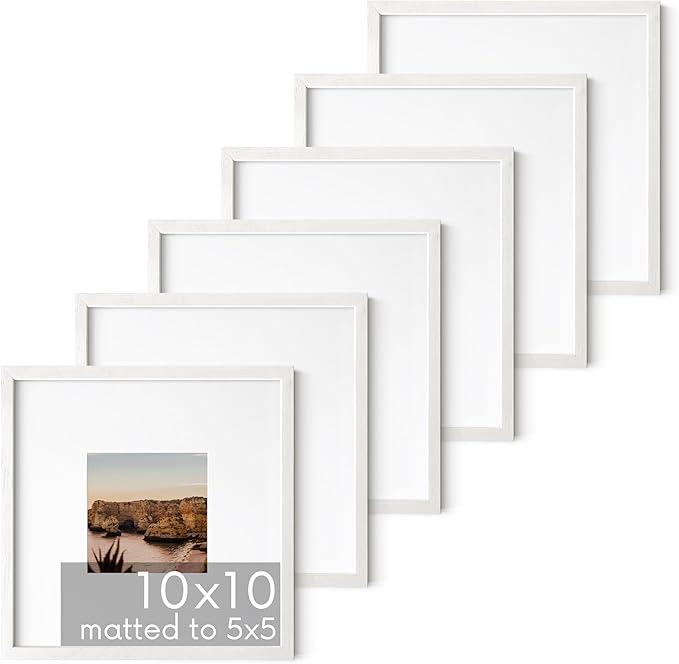 HAUS AND HUES Solid Oak Wood 10”x10” Picture Frames Matted to 5”x5” Set of 6 - Square White Picture Frames 10x10, White Frames 10 x 10, Gallery Wall Frame Set, 10 x 10 White Poster Frames