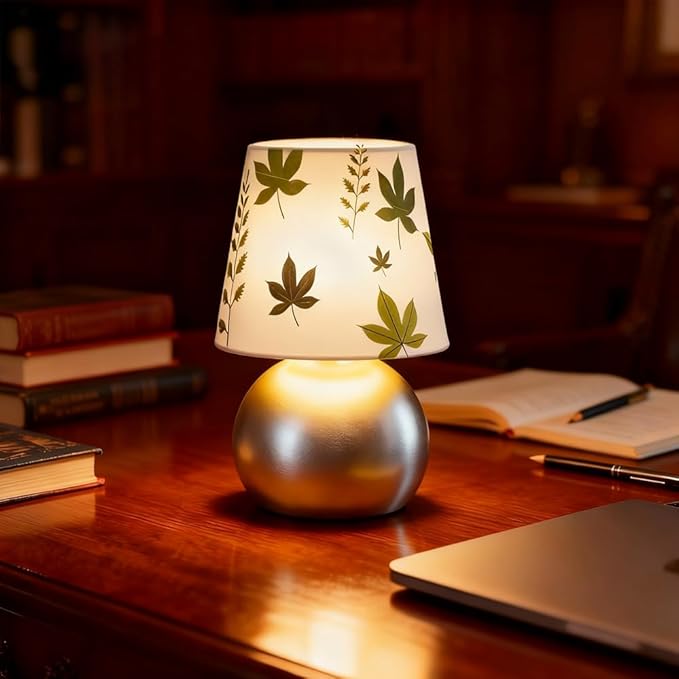 Set of 2 Small Silver Bedside Table Lamp with Maple Leaf Pattern Shade (Bulb Included)
