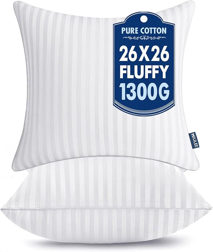 MIULEE 26x26 Pillow Inserts, Firm and Fluffy Decorative Square Throw Pillows for Couch Sofa Bed, Down Alternative with 100% Cotton Cover Pack of 2