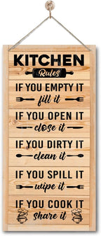 Hanging Kitchen Rules Wooden Sign, Rustic Kitchen Decor, Printed Wall Art, Funny Farmhouse Wall Decor