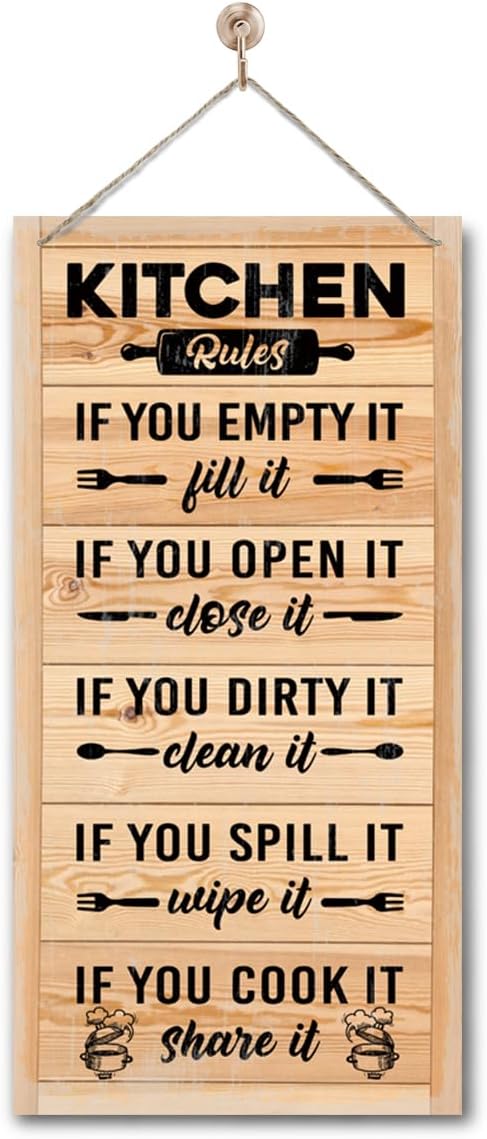Hanging Kitchen Rules Wooden Sign, Rustic Kitchen Decor, Printed Wall Art, Funny Farmhouse Wall Decor