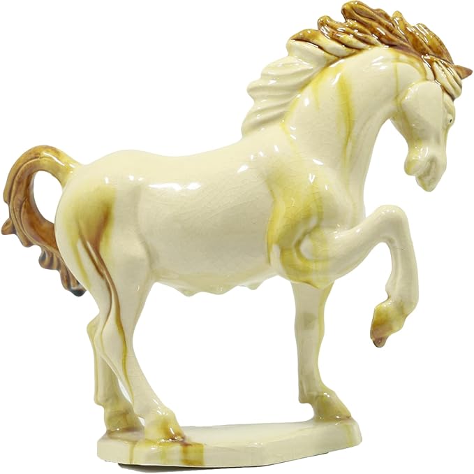 Ceramic Horse Sculpture -8 inch Hand Made -Tang Tri-Color Cultural Art Piece,Museum Collection Inspired Home and Office Decor (Ivory)