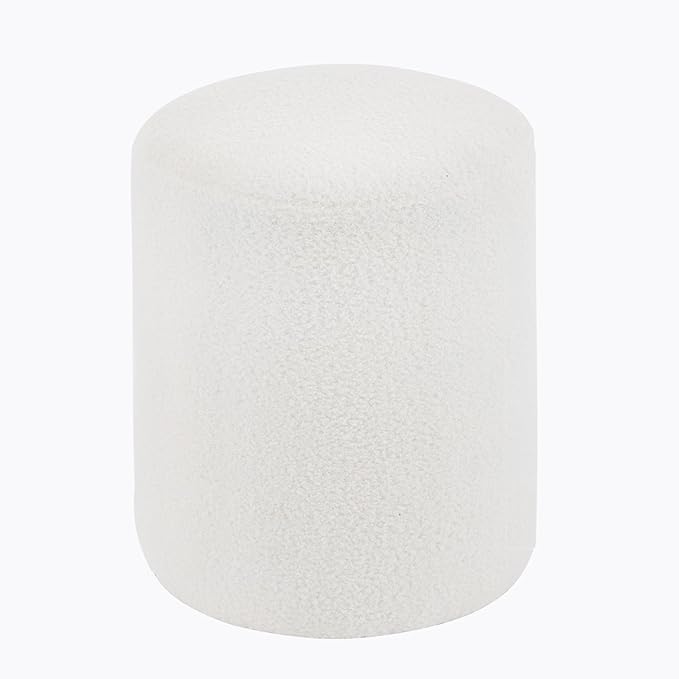 Modern Round Ottoman, Classic Foot Stool Ottoman, Teddy Fleece Upholstered Vanity Stool for Makeup, Bedroom, Living Room, White
