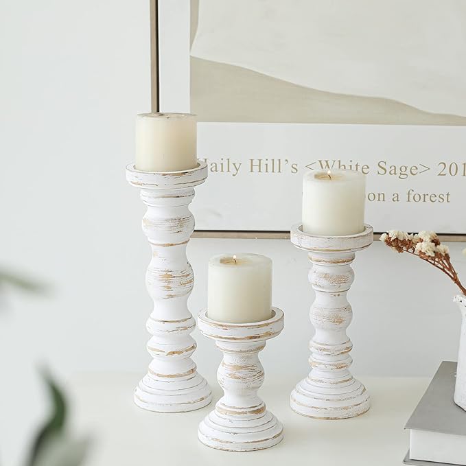 SWALLOWLIVING Rustic Farmhouse Wood Pillar Candle Holder Set of 3 for Candlestick, White
