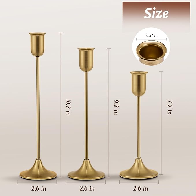 Candlestick Holders, Taper Candle Holders Set of 3, Gold Vintage Candle Sticks Holder Decor for Table Centerpiece, Fireplace Mantel, Weddings & Housewarming Décor with Gift Box