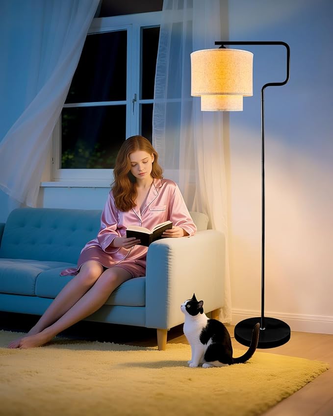 Lightdot 62IN Floor Lamps for Living Room, Modern Standing Tall Lamps with Double Linen Shades, 3000K Arc Bohemian Floor Lamp with Foot Switch for Wedding/Party, Bedroom, Home Office-Black