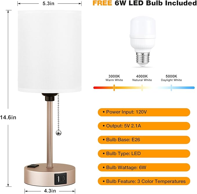 Small Bedside Table lamp for Bedroom - 3 Color Temperatures Bedside Lamps with USB C and A Ports, Pull Chain Table Lamps with AC Outlet, Gold Nightstand Lamps with White Shade for Kids Reading
