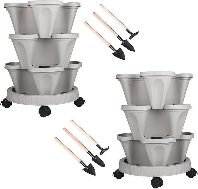 Vertical Planter 3 Tier Stackable Planters Garden Planters Strawberry Herb Flower and Vegetable Planter Indoor Outdoor Gardening Pots with Removable Wheels and Tools 2-Pack