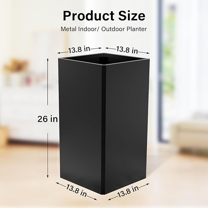 Tall Planters 26 Inch Square Metal Plant Pot with Removable Insert Shelf and Drainage-Modern Tall Black Planters for Indoor & Outdoor-Front Porch,Patio,Garden (14" L X 26" H)