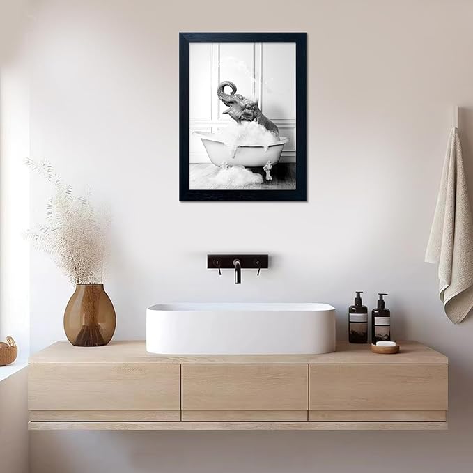 Framed Bathroom Wall Decor Elephant in Bathtub Pictures Wall Art Black and White Funny Animal Canvas Print Artworks for Bathroom