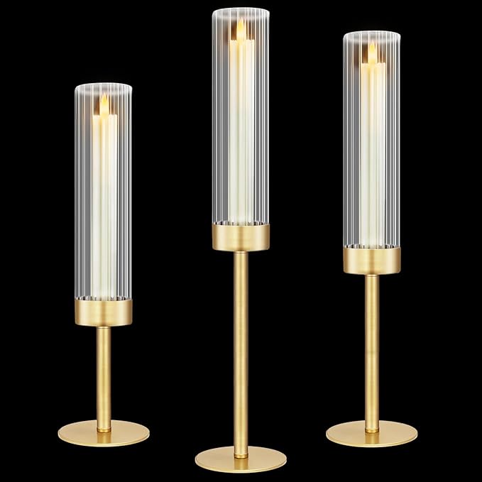 Glass Hurricane Candlestick Holders Gold, KSWING Set of 3 Taper Candle Holders Brass Tall Clear Candle Stand Holders, Perfect for Table Centerpiece Party Wedding Christmas Home Decor