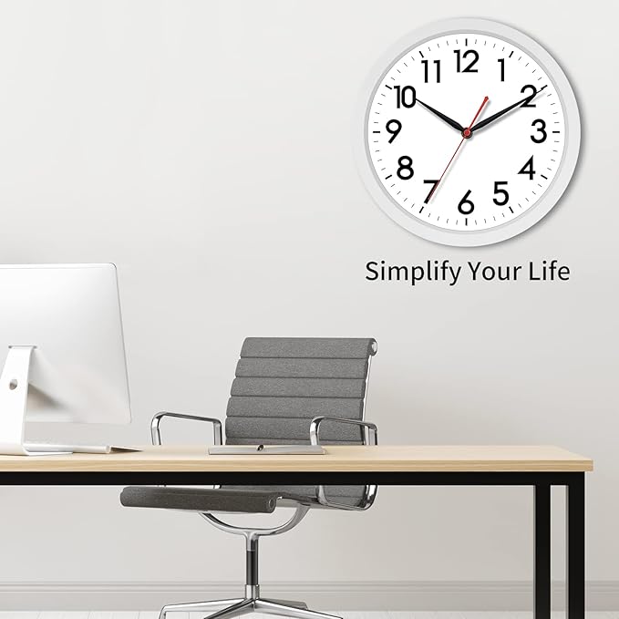 AKCISOT Wall Clock Silent Non Ticking Modern Wall Clocks Battery Operated 10 Inch, Analog Small Classic Clock Decorative for Bedroom, Kitchen, Home Office, Bathroom, School, Living Room (White)