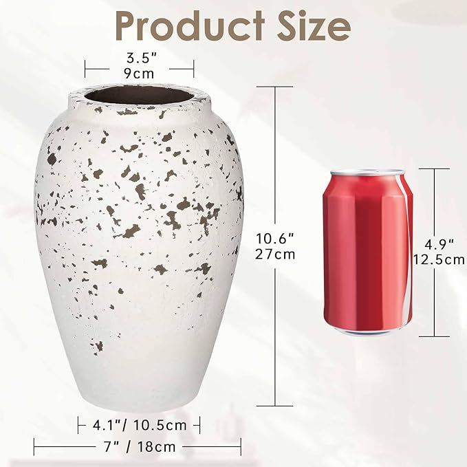 Handcrafted Flower Vase, 10.5" Tall Terracotta Vases, Vintage Rustic Ceramic Vase Décor, Wide Mouth, Matte Finish for Home Office Resto Café Décor