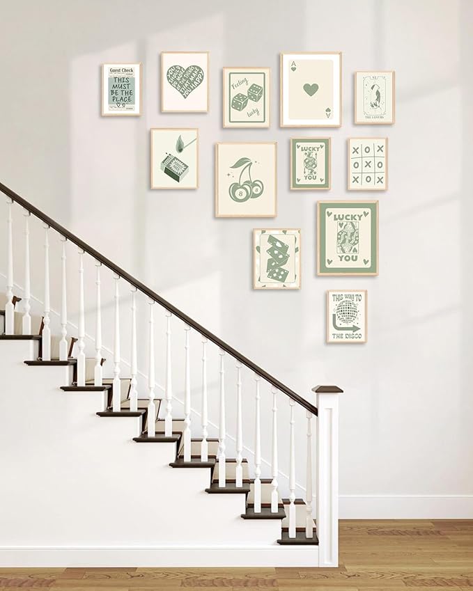 KBKBART Green Lucky Poster Set of 12, Retro Sage Green Playing Card Wall Art, Trendy Green Wall Art Aesthetic Pictures, Poker Room Decor, Funky Ace Card Prints Queen of Hearts Decor, Lucky You Poster for Bedroom Dorm Decor - UNFRAMED
