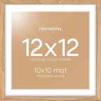 Homeforia 12x12 Light Wood Frame, High End Natural Oak 12 x 12 Square Picture Frames with Mat 10 by 10 inch Photo, 12by12 Wooden Poster Frames Matted to 10x10 Print, Tempered Glass, Wall Kit, Set of 1